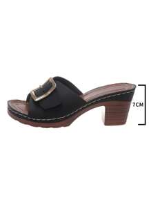 Ladies' Fashionable Metal Square Buckle Belt Design, Slip-Resistant, Breathable & Comfortable, Peep-Toe Wedge Heel Platform Sandals In Plus Size, Elegant Retro Style For Daily Wear, Work, Summer, Black Chunky Heel Slides