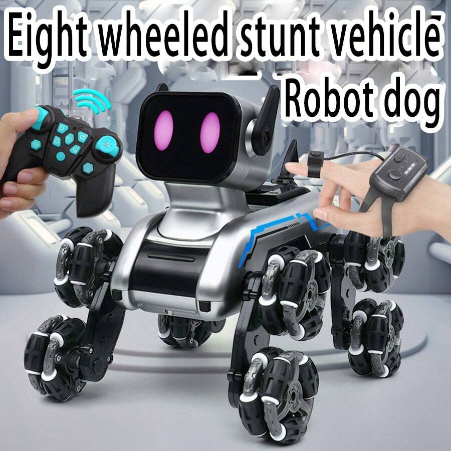 Đồ chơi robot chó điều khiển từ xa 8 bánh, điều khiển từ xa kép 2.4GHz & xe nhào lộn cảm biến cử chỉ có nhạc và nhảy múa, bánh xe Mecanum chống rơi, quà tặng đồ chơi điều khiển từ xa cho trẻ em trai và gái từ 6 tuổi trở lên.