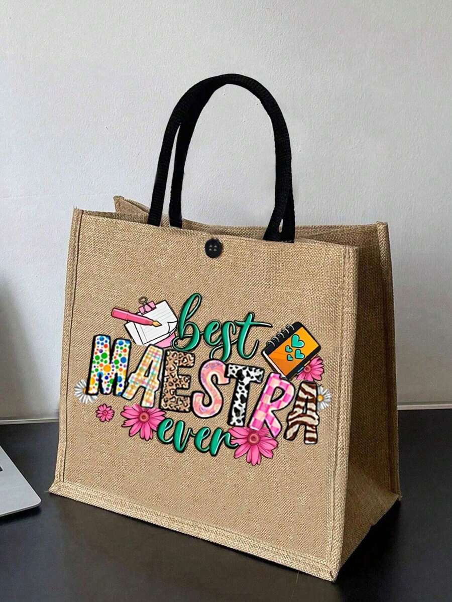 Bolsa de almacenamiento con patrón de letra de maestra, bolsa de mano de lino, bolsa de regalo del Día del Maestro, regalo para maestros, bolsa portátil, bolsa de almacenamiento plegable ligera y sencilla, bolsa de agradecimiento para enfermeras, médicos y maestros, para regalos a profesores o a madres, viajes personales y cosméticos, bolsas, almacenamiento grande con diseño escolar y para libros para mujeres o estudiantes, perfecta para libros, compras, regreso a clases y talla grande - Caqui - Ver 1