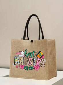 Bolsa de almacenamiento con patrón de letra de maestra, bolsa de mano de lino, bolsa de regalo del Día del Maestro, regalo para maestros, bolsa portátil, bolsa de almacenamiento plegable ligera y sencilla, bolsa de agradecimiento para enfermeras, médicos y maestros, para regalos a profesores o a madres, viajes personales y cosméticos, bolsas, almacenamiento grande con diseño escolar y para libros para mujeres o estudiantes, perfecta para libros, compras, regreso a clases y talla grande - Caqui - Ver 3