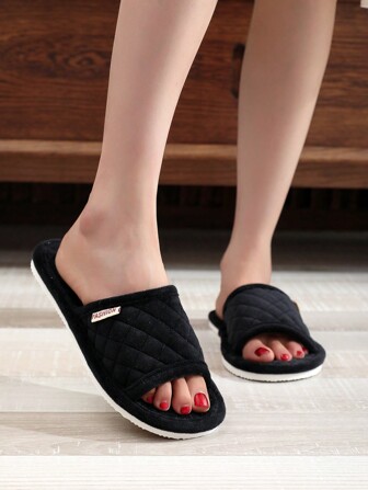女款春夏開式家居拖鞋，黑色天鵝絨簡約時尚室內拖鞋，四季通用舒適輕巧情侶拖鞋