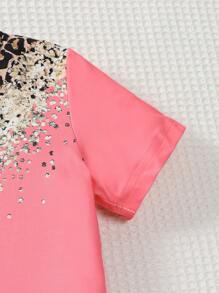 Girls Leopard Print Pink Round Neck Casual Short Sleeve Top + Leopard Print Pants 2 Pieces Set, Spring/Summer