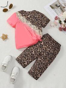 Girls Leopard Print Pink Round Neck Casual Short Sleeve Top + Leopard Print Pants 2 Pieces Set, Spring/Summer