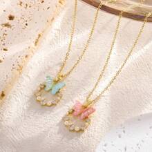 1入金鍍不鏽鋼蝴蝶吊墜項鍊，附有方鋯和螢光石，創意法式浪漫風格，簡單、時尚，適合日常、派對和節日穿搭，是適合女性的萬能禮物 - 蝴蝶型 - 查看 1