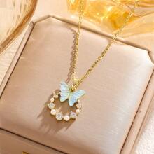 1入金鍍不鏽鋼蝴蝶吊墜項鍊，附有方鋯和螢光石，創意法式浪漫風格，簡單、時尚，適合日常、派對和節日穿搭，是適合女性的萬能禮物 - 蝴蝶型 - 查看 2