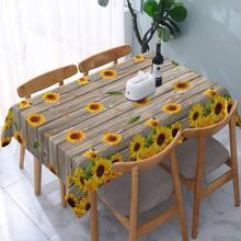 1 pieza Mantel rectangular con estampado de madera y letra de girasol, mantel de mesa de cocina/comedor de uso interior/exterior con patrón de girasol amarillo, decoración del hogar de verano/otoño - Marrón - Ver 5
