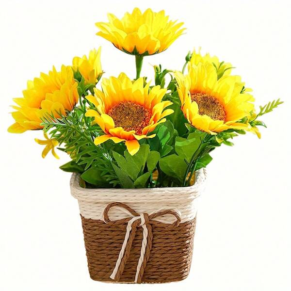 1 Peça Vaso de Flores Trançado em Corda de Papel com Flores, Cesta Decorativa Criativa para Arranjo de Flores, Capa de Cesta de Flores Artificiais Suculentas à Prova d´Água para Decoração Externa