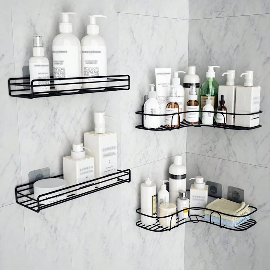 1入浴室置物架，淋浴攔板架，免打孔角落整理架，免釘牆壁掛式儲物架，適用於浴室、廚房，三角形馬桶整理架