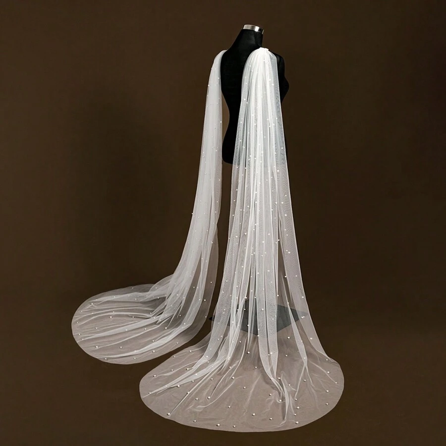 1pc Long Pearl Trim Hooded Cape, Bride Wedding Dress Accessory, Actress Stage Performance Costume, Photography Studio Outfit Fall Clothes For Women
