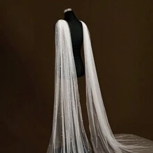 1pc Long Pearl Trim Hooded Cape, Bride Wedding Dress Accessory, Actress Stage Performance Costume, Photography Studio Outfit Fall Clothes For Women