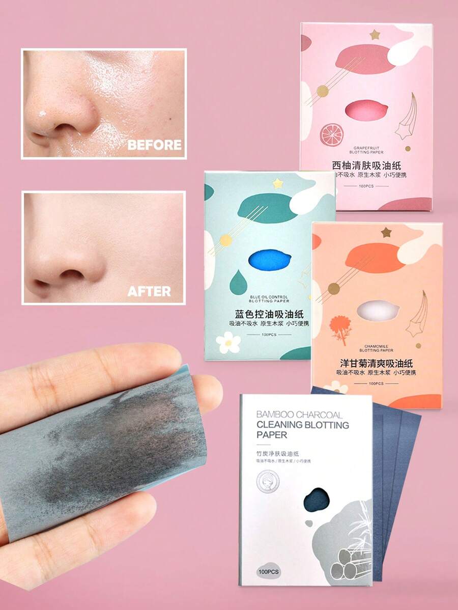 Oily Skin 用のオイルブロッティングペーパー 100枚入り、グレープフルーツ、カモミール、竹炭天然柔軟フェイスティッシュ、香り付きの顔