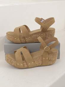Women's Fashion Rivet Platform Wedge Sandals, Cross-Band Open Toe Slip-On Slippers, High Heel Summer Holiday Shoes - Khaki - View 1