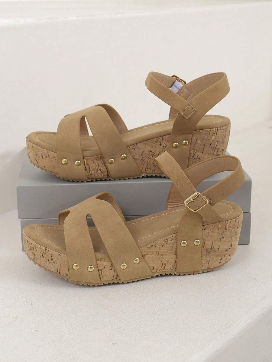 Women's Fashion Rivet Platform Wedge Sandals, Cross-Band Open Toe Slip-On Slippers, High Heel Summer Holiday Shoes - Khaki - View 1