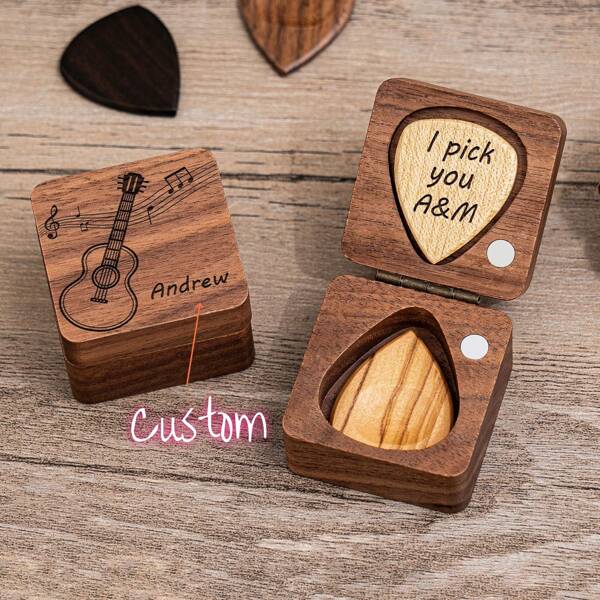 Personalized Wooden 3pcs Guitar Picks With Case, Custom Guitar Pick Holder, Musicians Plectrum Box, Father's Day Christmas Birthday Gift For Guitar Player