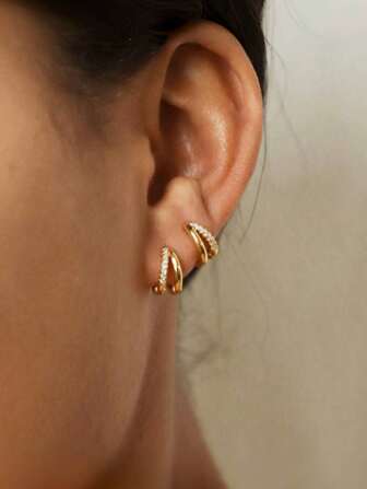 1 Pair Luxurious Sparkly Cubic Zirconia Stone Double Huggie Earrings Stylish And Simple Golden Small Hoop Earrings For Women And Girls