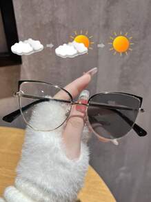 1 pieza Gafas de moda para mujer con marco metálico redondo de ojo de gato, flexibles, fotocromáticas, para uso interior, computadora y exterior - Negro - Ver 15