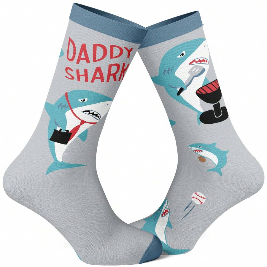 Men's Daddy Shark Socks Funny Father's Day Gift For Dad Viral Kids Song Novelty Footwear Funny Graphic Socks Comfortable Fitted Spandex Cotton - Multicolor - View 1