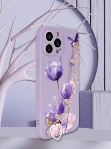 1 pieza Funda de teléfono a prueba de golpes con patrón de flor y mariposa de TPU morado y 1 pieza Pulsera de mariposa morada, compatible con teléfonos Apple/Android - Morado - Ver 3