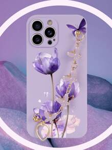 1 pieza Funda de teléfono a prueba de golpes con patrón de flor y mariposa de TPU morado y 1 pieza Pulsera de mariposa morada, compatible con teléfonos Apple/Android - Morado - Ver 2