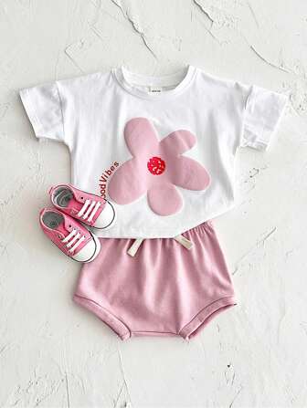 2入組寶寶女孩卡通印花短袖T恤和三角褲套裝，夏季