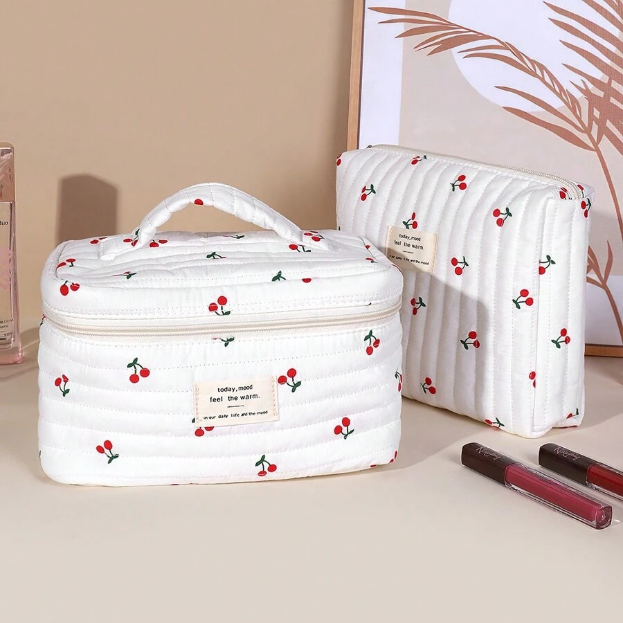 2pcs Cherry Shaped Makeup Bag Set For Women/Girls, Travel Toiletry Organizer Pouch, Gift - Red and White - View 1