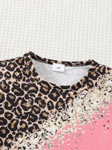 Girls Leopard Print Pink Round Neck Casual Short Sleeve Top + Leopard Print Pants 2 Pieces Set, Spring/Summer
