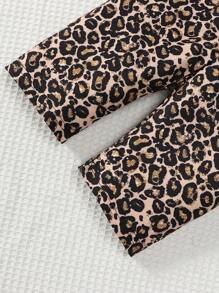 Girls Leopard Print Pink Round Neck Casual Short Sleeve Top + Leopard Print Pants 2 Pieces Set, Spring/Summer