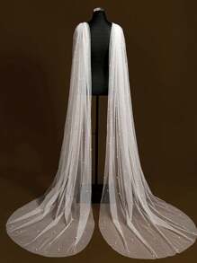 1pc Long Pearl Trim Hooded Cape, Bride Wedding Dress Accessory, Actress Stage Performance Costume, Photography Studio Outfit Fall Clothes For Women