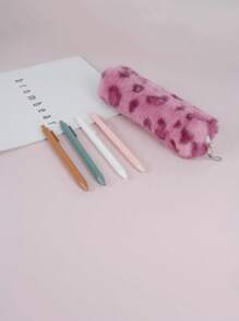 X Jess 1pc Heart Pattern Plush Pencil Case,Pencil Pouch,School Bag,Stationery - Dusty Pink - View 4