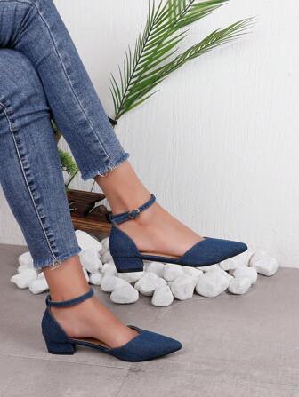 Women's Elegant Pointed Toe Hollowed-Out Ankle Strap Buckle Single Band Navy Blue Block Heel Flat Sandals, Spring/Autumn