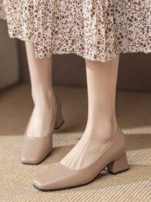 法式软皮方头老奶奶鞋，2024年春秋新品，女士粗跟百搭低帮鞋 - 卡其色 - 查看 1