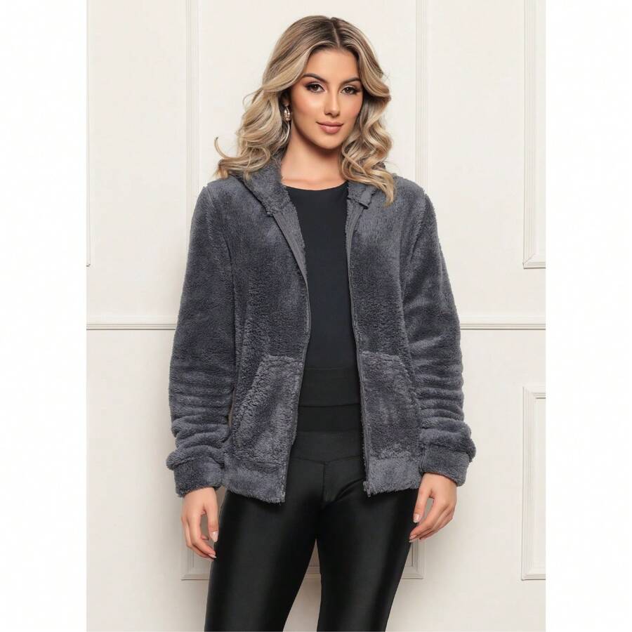 SILK ROUTE Casaco Teddy Pelúcia Feminino Inverno com Capuz Blogueira Lançamento - Cinza - Visão 1