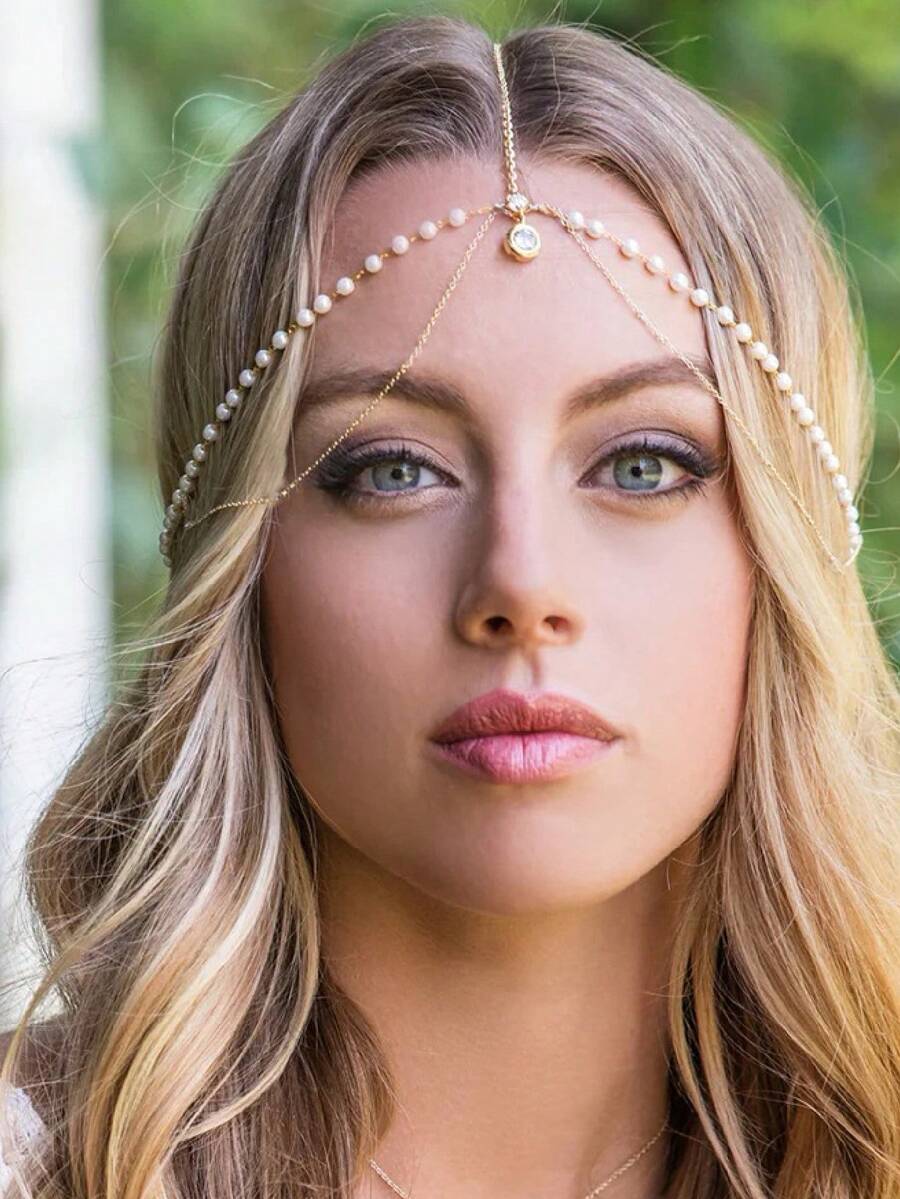 1pc Bohemian Style Pearl Head Chain Bridal Wedding Party Daily Wear Hair Accessory - Gold - View 1