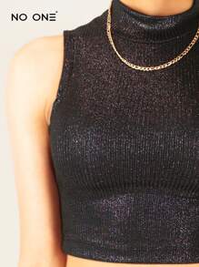 Spandex Muscle T-Shirt With Glitter Crop Top Slim Fit - Black - View 4