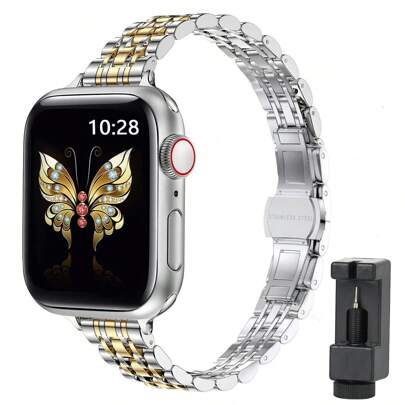 1 سوار ساعة نسائي، تصميم جديد رفيع الوزن وسطح ناعم، قابل للتعديل من الفضة والذهب 7 قطع من الفولاذ المقاوم للصدأ كبديل ل- سلسلة 1 ، 2 ، 3 ، 4 ، 5 ، 6 ، 7 ، 8 ، SE ، Ultra، 38مم ، 40مم ، 41مم ، 42مم ، 44مم ، 45مم ، 49مم ، هدية موضة للنساء الشابات