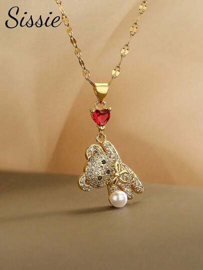 1 pieza Collar con dije de oso delicado y adornado con gemas de circonita de acero inoxidable, apto para niños, joyería delicada y de moda para fiestas, festivales y uso diario, regalo