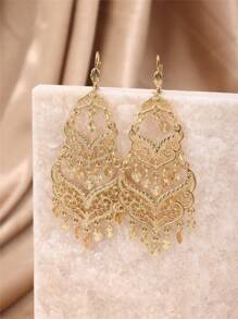 1 par de aretes de aleación exquisitos con borlas ahuecadas, largos aretes colgantes nupciales marroquíes, joyería de oreja de estilo vintage francés para mujeres argelinas, accesorios esenciales para fiestas y festivales
