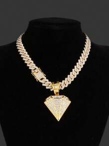 1pc Men's Hip Hop Punk Style Bling Pendant Necklace, Miami Chain Fully Encrusted With Rhinestones, Suitable For Women's Party Wear - Yellow Gold - View 10