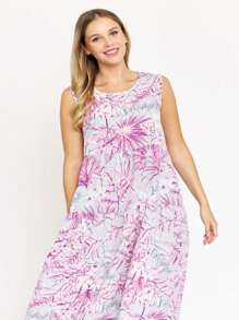 Tiered Tropical Sleeveless Leaves Floral  Maxi Long Woven Dress - 紫羅蘭色 - 查看 5