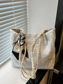 Tot Bag With A Flower Pattern With Silk Scarf - White - View 8