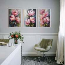 3 件套牡丹油画，粉色花卉壁画，粉色花卉，3 件套印刷品，印刷品壁画，花卉家居装饰，花卉艺术印刷品，墙壁装饰，无框 19.6x27.5 英寸 - 杏色 - 查看 1