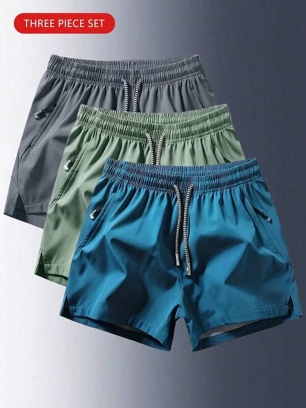 3pcs Boyfriend Style Men's Outdoor Sports Loose Breathable Casual Solid Color Shorts For Summer