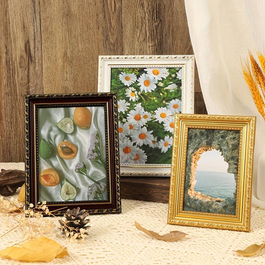 1pc 5 Inch European Style Luxurious Gold-Stamped Retro Photo Frame With Stand - Display Your Beautiful Photos Home Decor - Gold - View 1