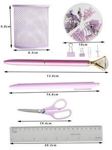 6pcs Beautiful Purple Stationery/Office Supplies Set, Including A Fashionable Stapler Set, 1 Diamond Pen, 1 Ballpoint Pen, 1 20cm Ruler, 1 Pair Of Scissors, And 1 Pen Holder. This Simple And Versatile Set Is Ideal For Office And School Use, With A Delicate Stapler Gift Box. - Purple - View 2