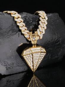 1pc Men's Hip Hop Punk Style Bling Pendant Necklace, Miami Chain Fully Encrusted With Rhinestones, Suitable For Women's Party Wear - Yellow Gold - View 8