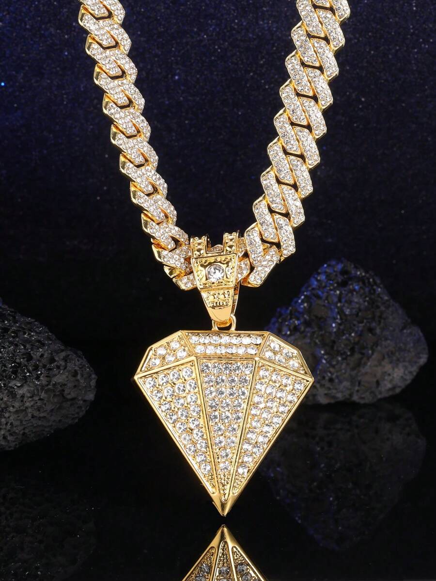 1pc Men's Hip Hop Punk Style Bling Pendant Necklace, Miami Chain Fully Encrusted With Rhinestones, Suitable For Women's Party Wear - Yellow Gold - View 1