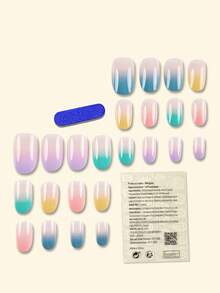 24入組Y2K升級款短橢圓形淺粉色時尚漸變法式卡通指甲藝術套裝，甜美可愛的簡約設計，適用於節日派對、約會和日常穿著，帶有24片果凍膠和指甲鉋，可拆卸式假指甲貼，指甲用品