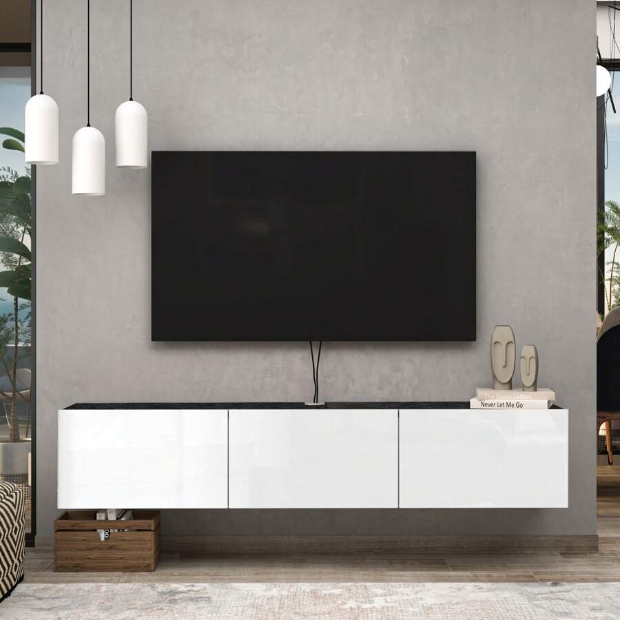 Atelier Mobili Floating TV Stand, Floating Entertainment Center, Floating TV Console, Floating Media Console, Floating TV Stand Wall Mounted - 亮光白/黑色大理石 - 查看 1