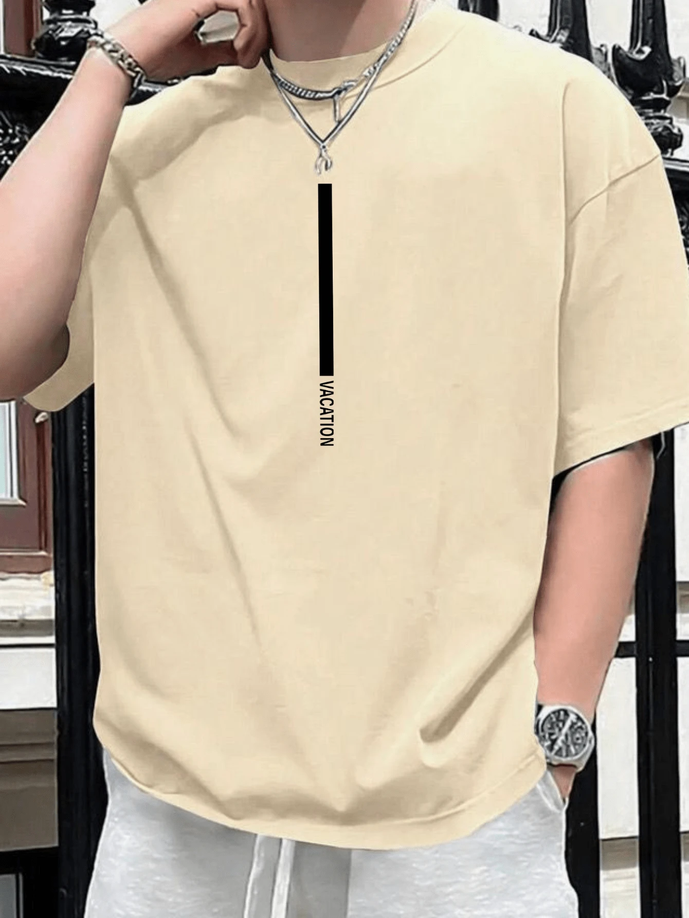 Men's Vacation T-Shirt 100% Cotton Premium Line Shirt - Beige - View 1
