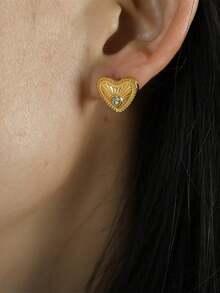 1 Pair 18K Gold Plated Waterproof & Fade-Resistant Cute Heart-Shaped Diamond Stud Earrings, Suitable For Women's Daily Wear - Heart-shaped - View 3